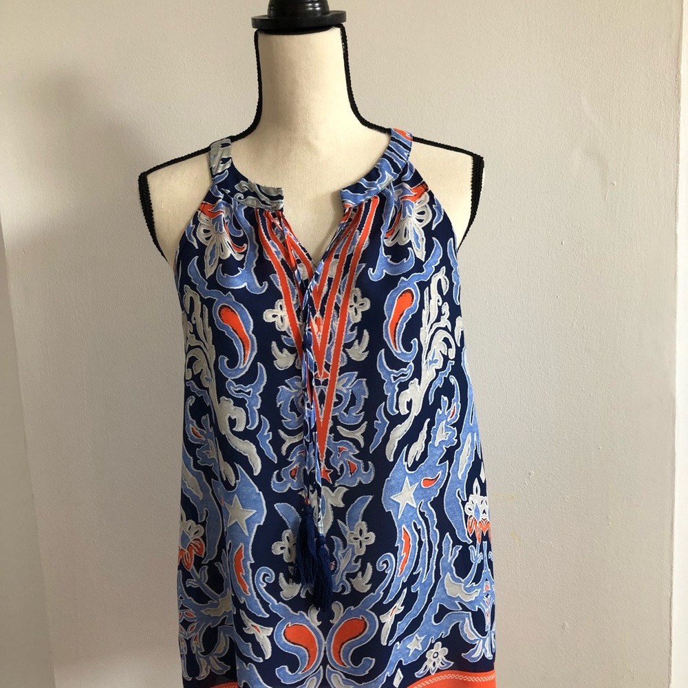 Rose & Olive summer pullover top, blue & orange, size small. Tassel tie in front